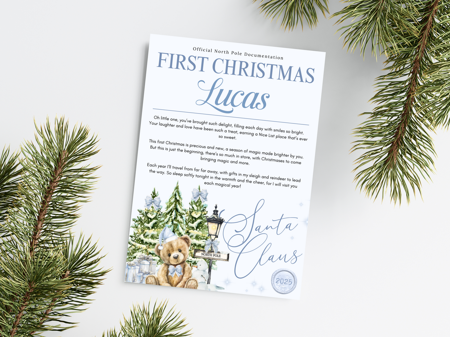 Personalised Blue Bear Christmas Letter