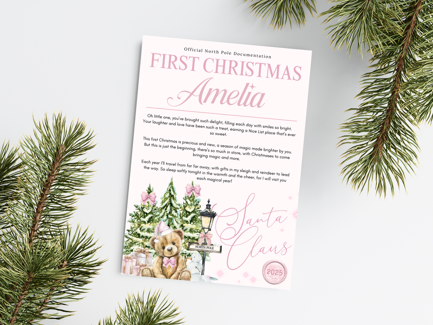 Personalised Pink Bear Christmas Letter
