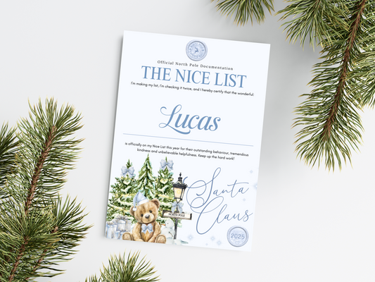 Personalised Blue Bear Christmas Letter