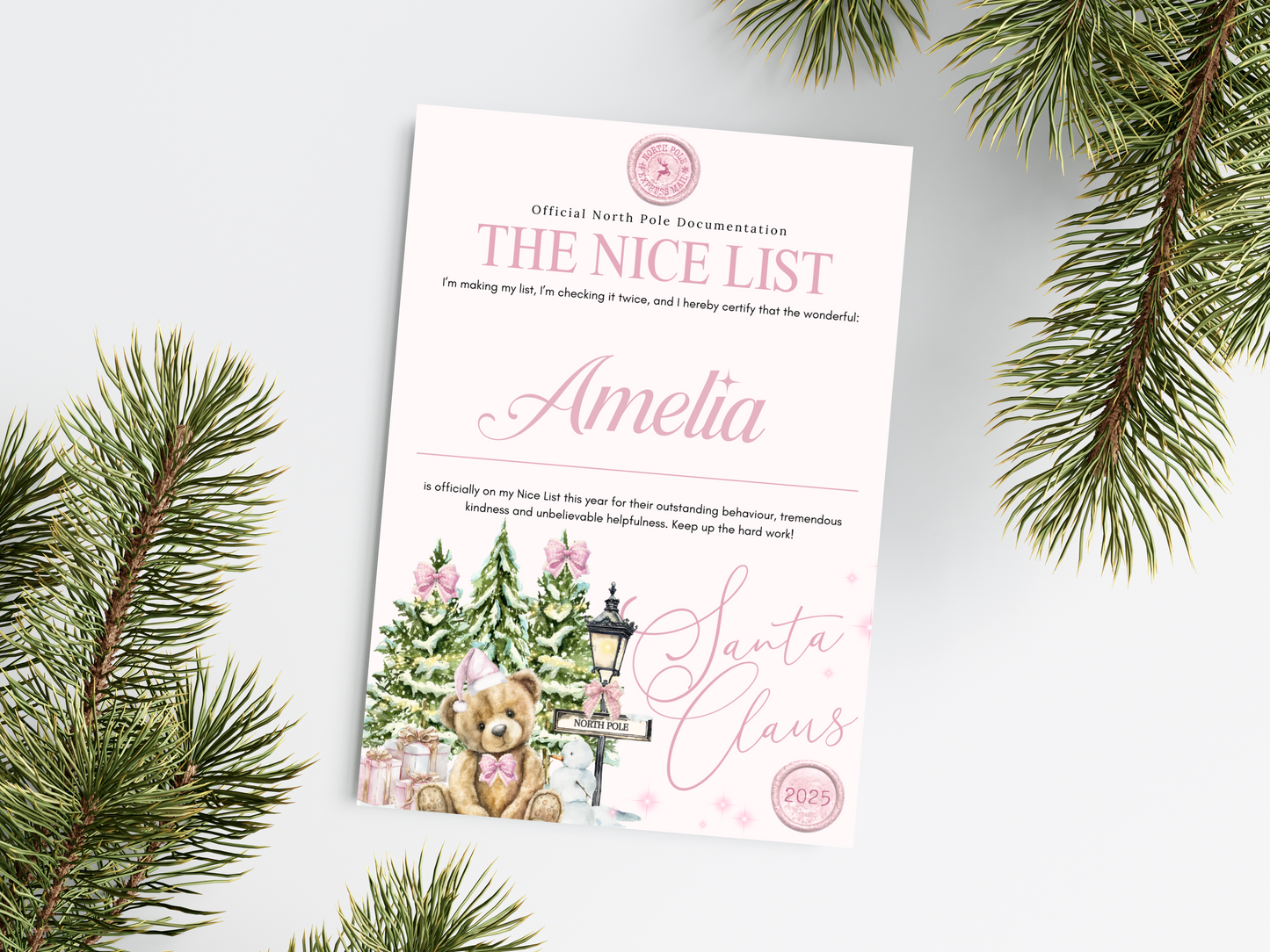 Personalised Pink Bear Christmas Letter
