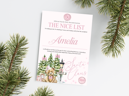 Personalised Pink Bear Christmas Letter