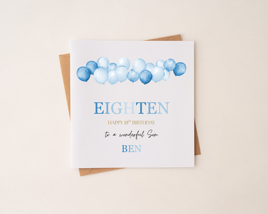 Personalised Balloon Happy Birthday Card Blue